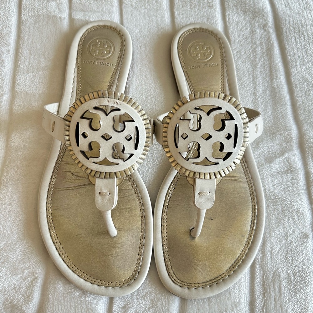 Tory Burch Miller Sandal White & Gold leather Sz 8.5
